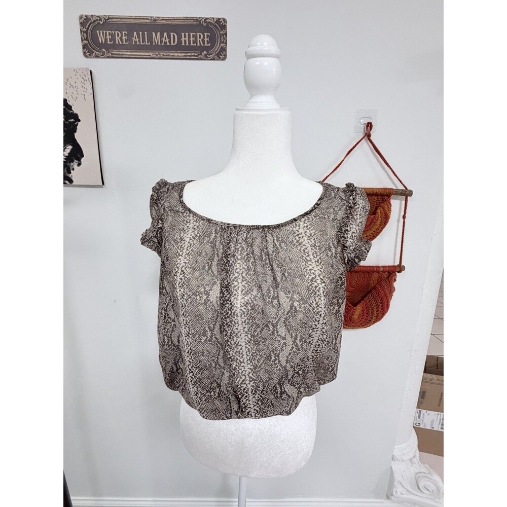 Zara Basic Women's Gray Black Snake Print Smocked Puff Sleeve Blouse S